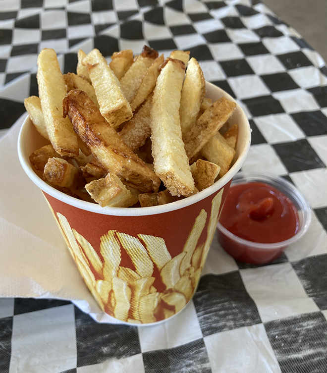 thick-cut french fries and ketchup