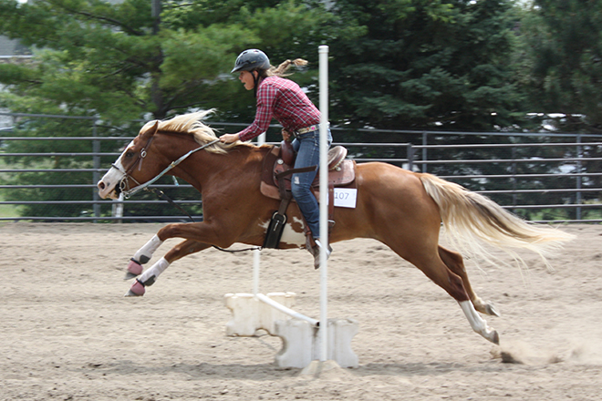 a woman on a horse jumping during a competition at the Carver County Fair